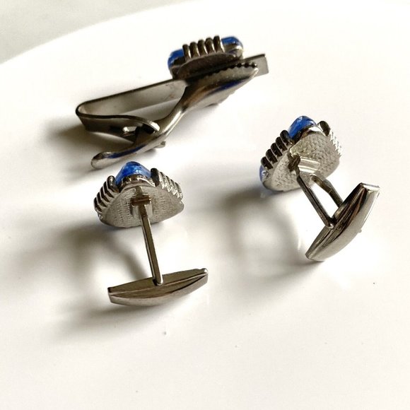 Cuff Link Tie Clip 3 Piece Set Blue Stones Silver Toned.........40 - Picture 6 of 8